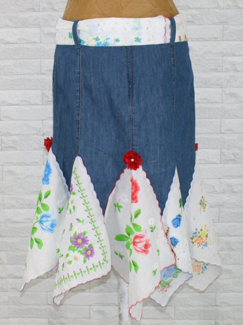HAND CRAFTED Skirt Denim Handkerchief Midi Upcycled Lace Floral Blue White 6 - Picture 3 of 15